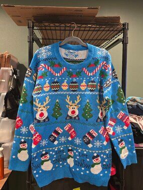Med blue ugly Christmas sweater long let it snow snowman pattern